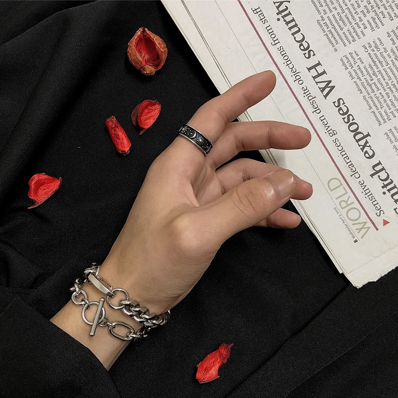 Nhẫn Nam Ngôi sao Mặt trăng Mặt trời Cổ điển Thiểu số Ba chiều Bạc Thái Thiết kế ban đầu Làm bằng tay NH-153