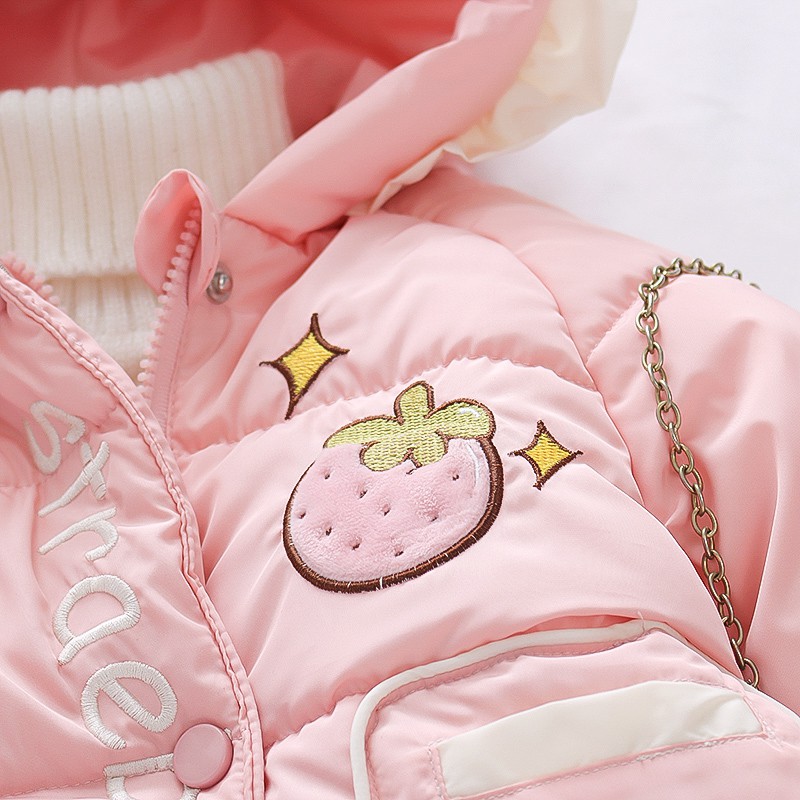 Áo Khoác cotton Dày Dặn Màu Trơn Họa Tiết Dâu Tây Dễ Thương Phong Cách Hàn Quốc Cho Bé Gái ^ o ^