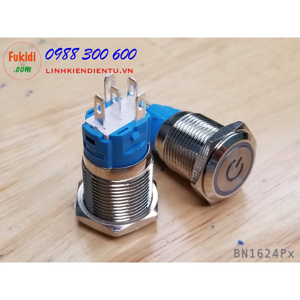 Nút nhấn nhả vỏ kim loại phi 16mm, điện áp 24V, chống thấm nước, đèn hình biểu tượng nguồn