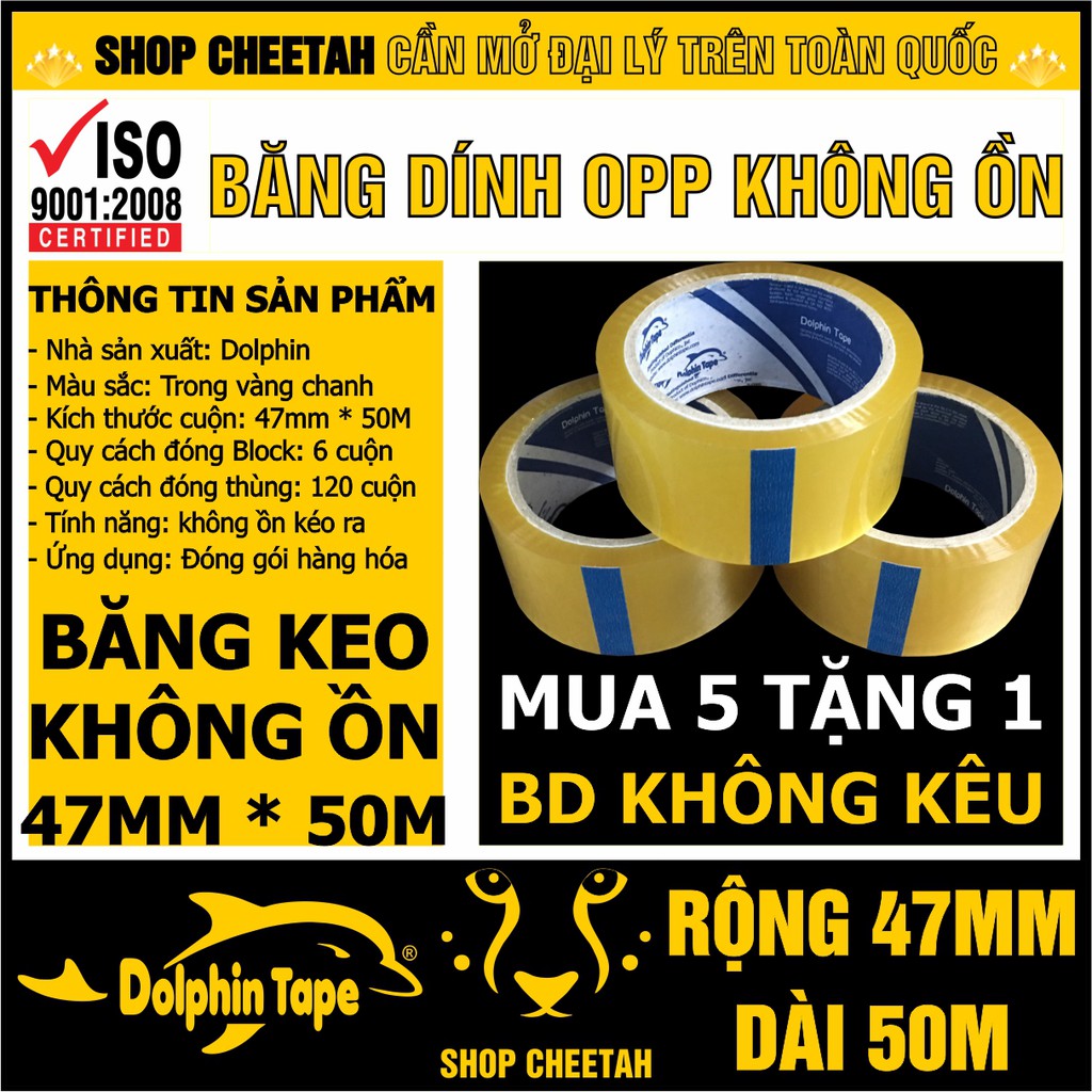 Mua 5 tặng 1 – Băng dính đóng gói không kêu Dolphin – Kích thước: 47mm x 50M – Công nghệ mới – Chuyên dùng đóng gói hàng