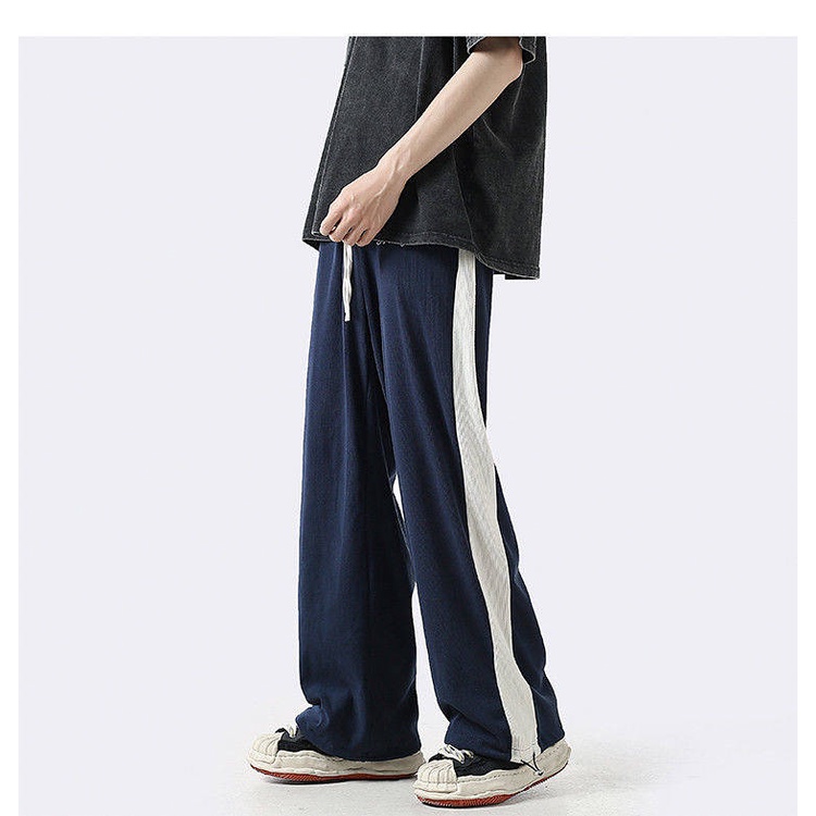 American Retro Navy Blue Pants Summer Japanese Vertical Stripes Men's and Women's Wide-Leg Pants Straight Drawstring Track Sweatpants nn2N