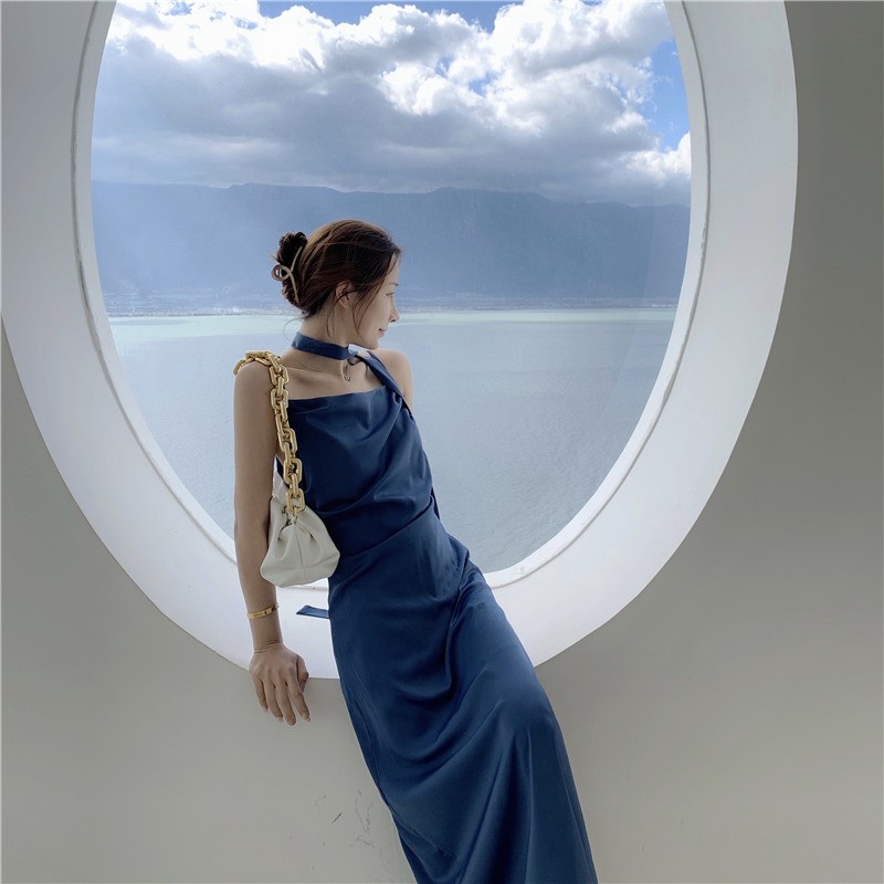 Đầm màu xanh nước biển xếp li cao eo váy nữ váy dài mùa hè xẻ tà khí chất retro | BigBuy360 - bigbuy360.vn