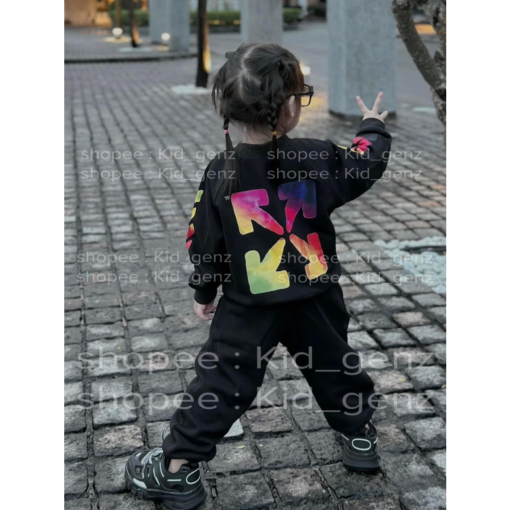 Bộ quần áo nỉ cổ tròn off while ngân hà cho bé , set sweater unisex street style , Kid_genz