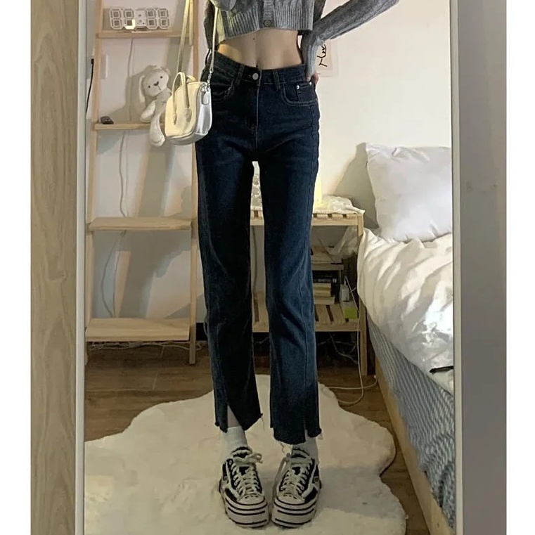 Quần jean nữ SUXI dáng dài ống suông cạp cao thời trang Hàn Quốc