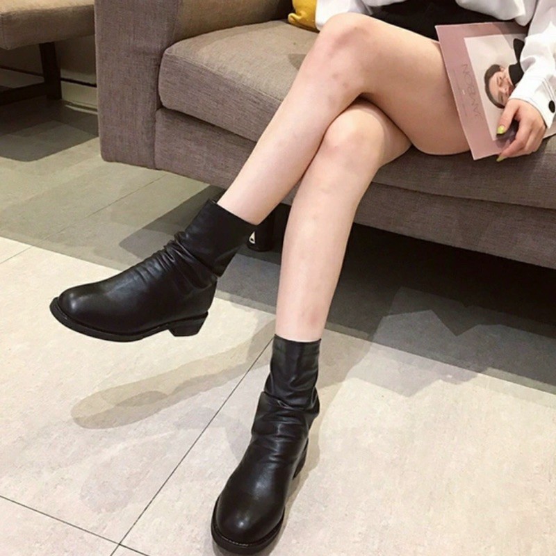 Giày bốt nữ cao cổ da nhăn đế bằng siêu chất