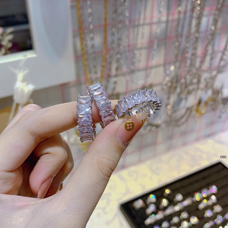 Nhẫn full đá bagguet 2 loại siêu sáng xi bạch kim kami