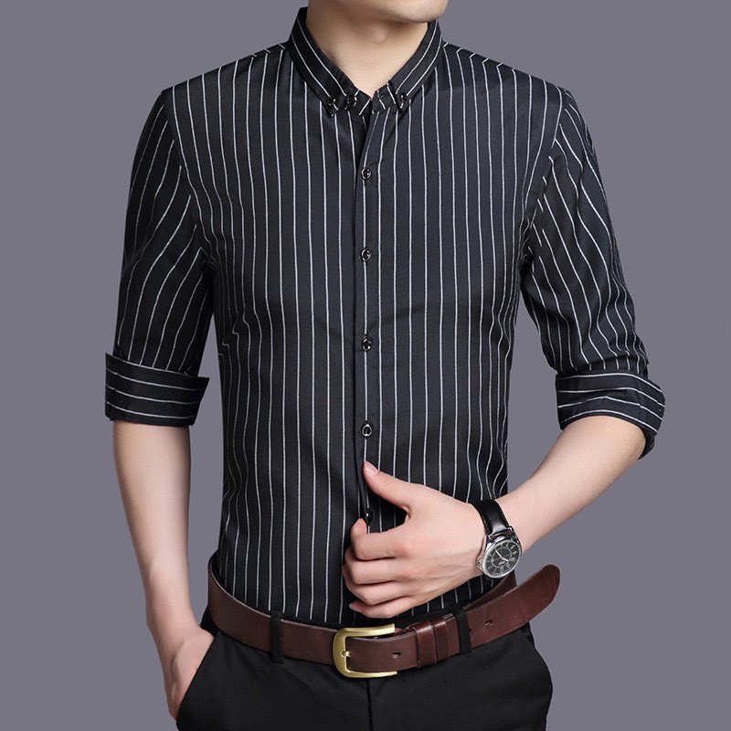 Áo sơ mi nam dài tay kẻ sọc Hàn Quốc chất lụa chống nhăn