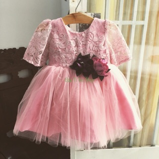 Đầm công chúa tay lỡ ren hoa hồng ruốc đính bông cho bé gái 7-30kg