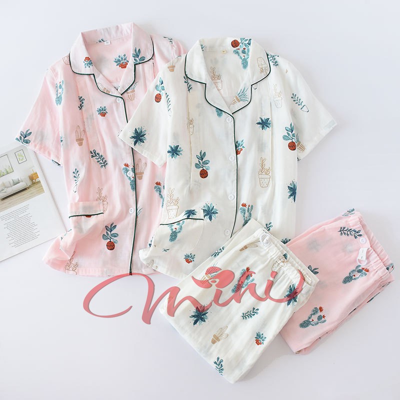 Bộ đồ bầu, sau sinh cho con bú, Pijama thô đũi cực mát ( xương rồng trắng/hồng)