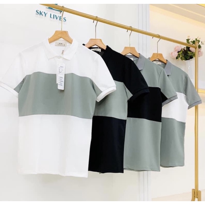 Áo polo phối mầu thời trang nam, Áo cộc tay mùa hè có cổ hoạ tiết mầu phong cách lịch sự btshop từ 45 đến 75 kg
