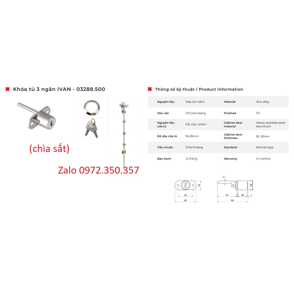 Khóa tủ 3 ngăn IVAN 03288