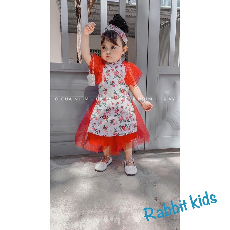 Áo Dài Cách Tân Thiết Kế Cao Cấp Cho Bé Gái FREESHIPTẶNG TURBAN-Rabbit Kids-Đầm Tết Trẻ Em Hoạ Tiết Hoa Lá Chân Váy Đỏ