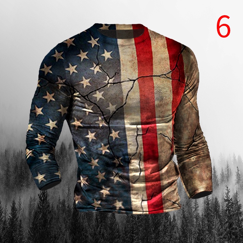 Áo thun tay dài cổ tròn in hình cờ Mỹ 3D thời trang cho nam