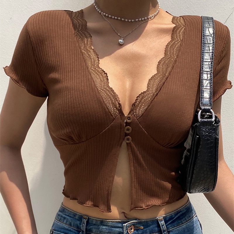 SUXI Ren khâu cổ chữ V Chia mỏng phù hợp với áo thun ngắn tay thời trang Hot Thời trang áo crop top