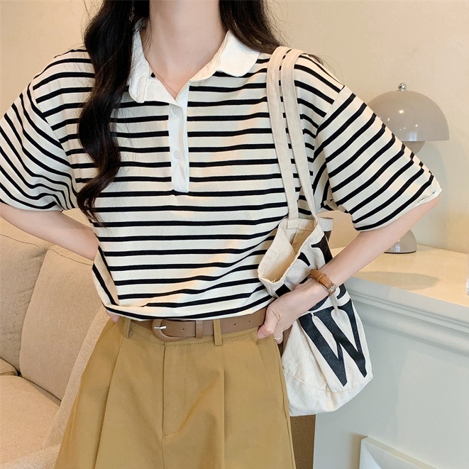 Áo polo SUXI ngắn tay họa tiết sọc ngang phong cách Hàn Quốc dành cho nữ