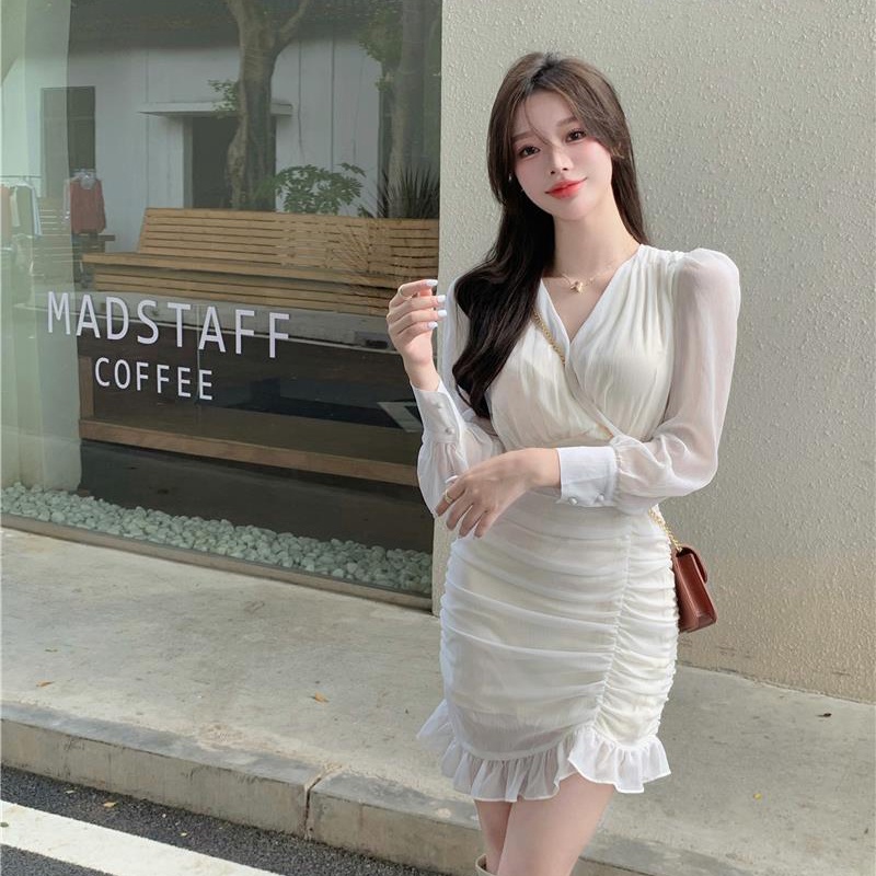 IELGY Đầm Chiffon Trắng Tay Phồng Cổ Chữ V Dáng Ôm Thời Trang Hàn Quốc Cho Nữ