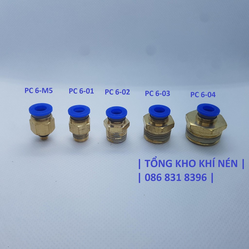 Đầu nối nhanh thẳng ren ngoài khí nén, phun xương, dây hơi 6mm, ren ngoài m5; 10; 13; 17; 21mm, PC6