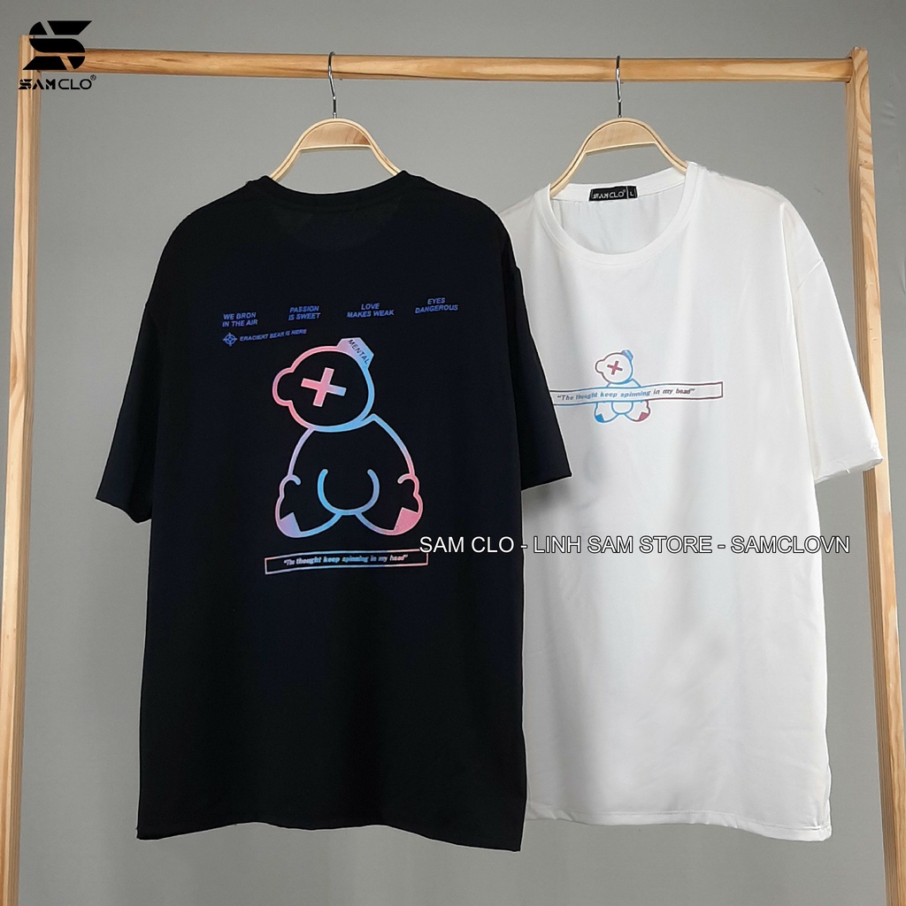 Áo phông tay lỡ nam nữ SAM CLO thun form rộng dáng Unisex - mặc cặp, nhóm, lớp in hình CON GẤU X