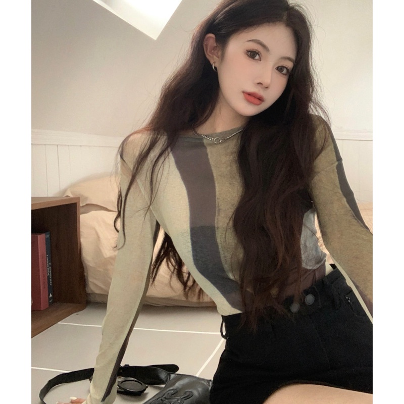 Áo Thun Tay Dài Dáng Ôm Màu Sắc Tương Phản Trẻ Trung Hợp Thời Trang