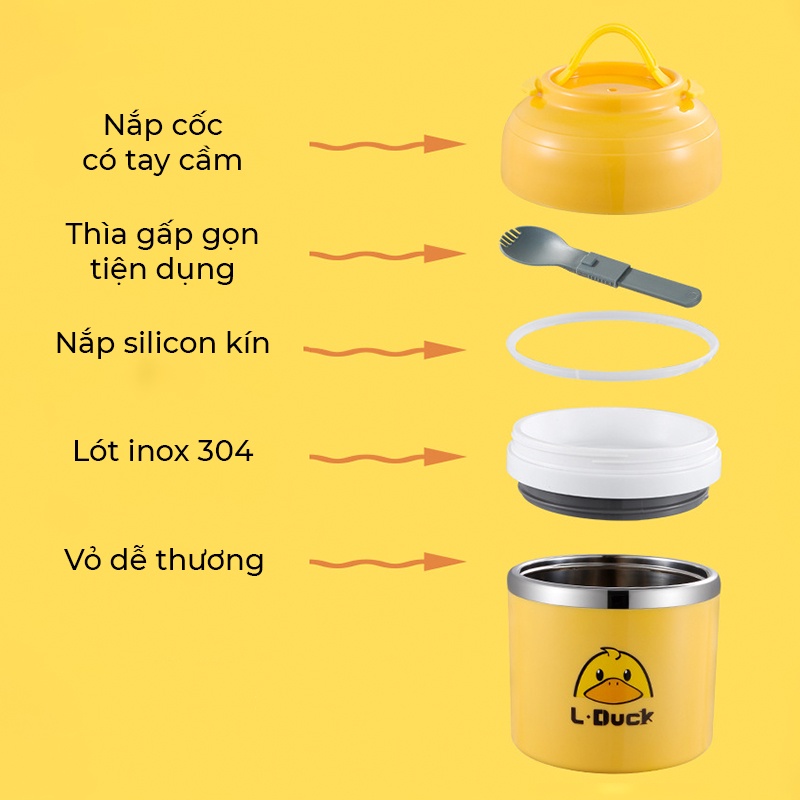 COC9 Cốc đựng cháo , đồ ăn hình vịt vàng xin xắn dễ thương giữ nhiệt siêu tốt kèm muỗng và có quai xách rất tiện lợi