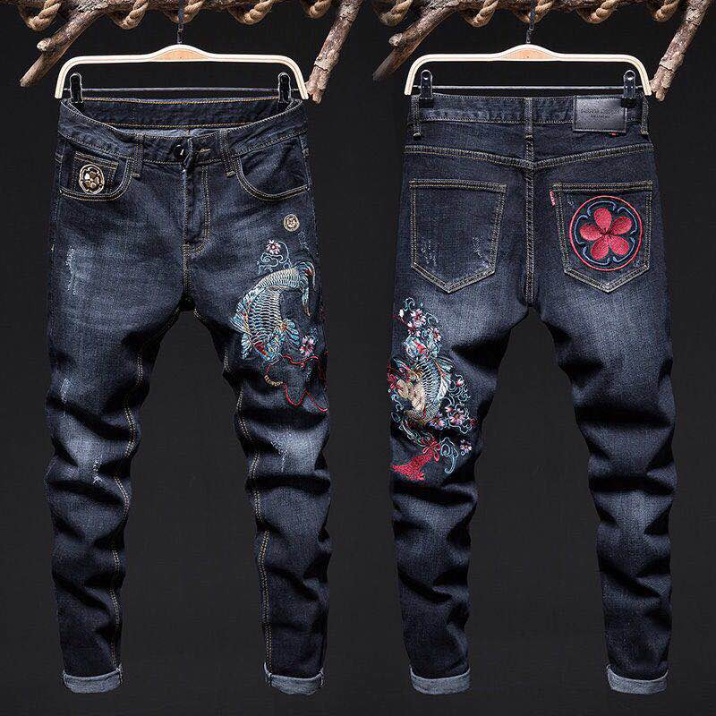 Quần jeans đen ống đứng co giãn họa tiết thêu trẻ trung dành cho nam