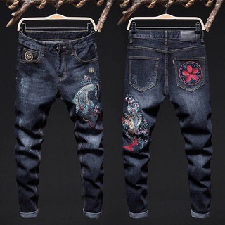 ✿▫Quần Jeans Đen Dáng Ôm Thêu Họa Tiết Phong Cách Hàn Quốc Cho Nam