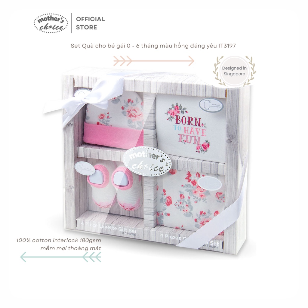 Set Quà sơ sinh cho bé gái màu hồng đáng yêu Mother's Choice gồm bodysuit, quần dài, mũ và tất 100% cotton IT3197