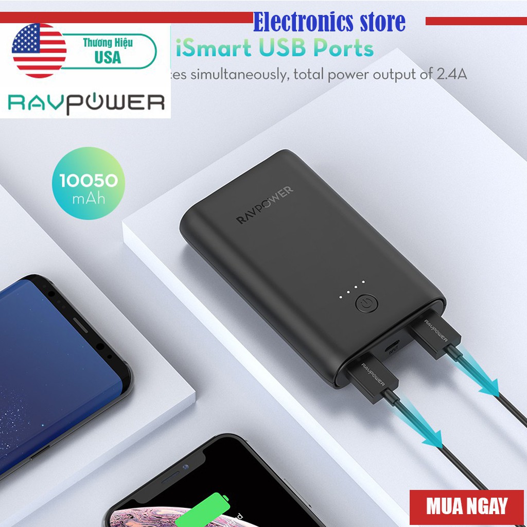 [Mã ELMS05 giảm 5% đơn 300K] Pin Sạc Dự Phòng RAVPower 10050mAh RP-PB170 - THƯƠNG HIỆU USA- HÀNG CHÍNH HÃNG