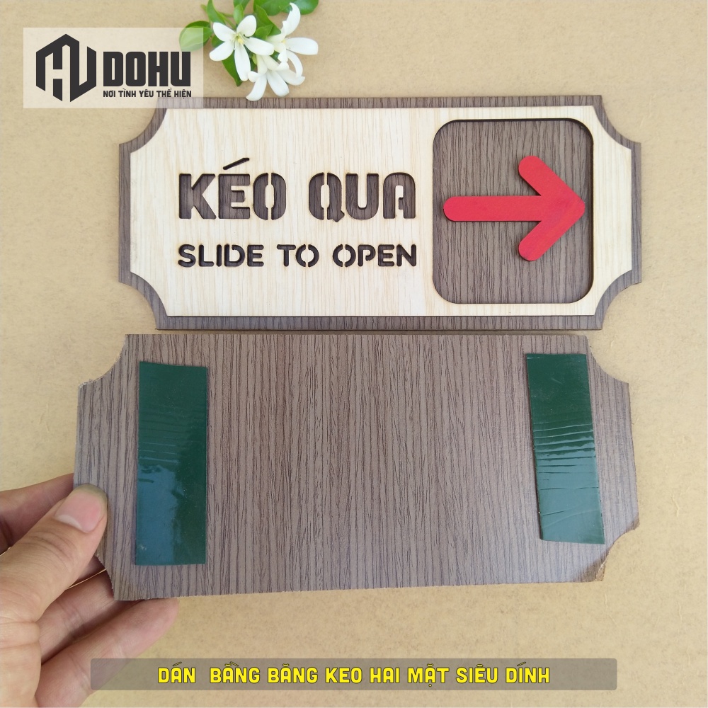 Bảng gỗ chỉ dẫn gắn cửa kéo qua trái phải (Slide to Open) - có sẵn keo dán