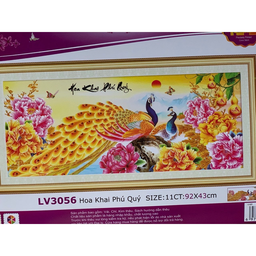 Tranh thêu chữ thập hoa khai phú quý KT:92x43cm, tranh chưa thêu và chưa khung,tặng kéo và sỏ chỉ.