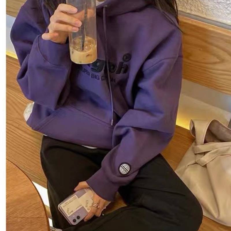 Áo Hoodie Form Rộng Màu Tím Thời Trang Thu Đông Phong Cách Retro Mỹ