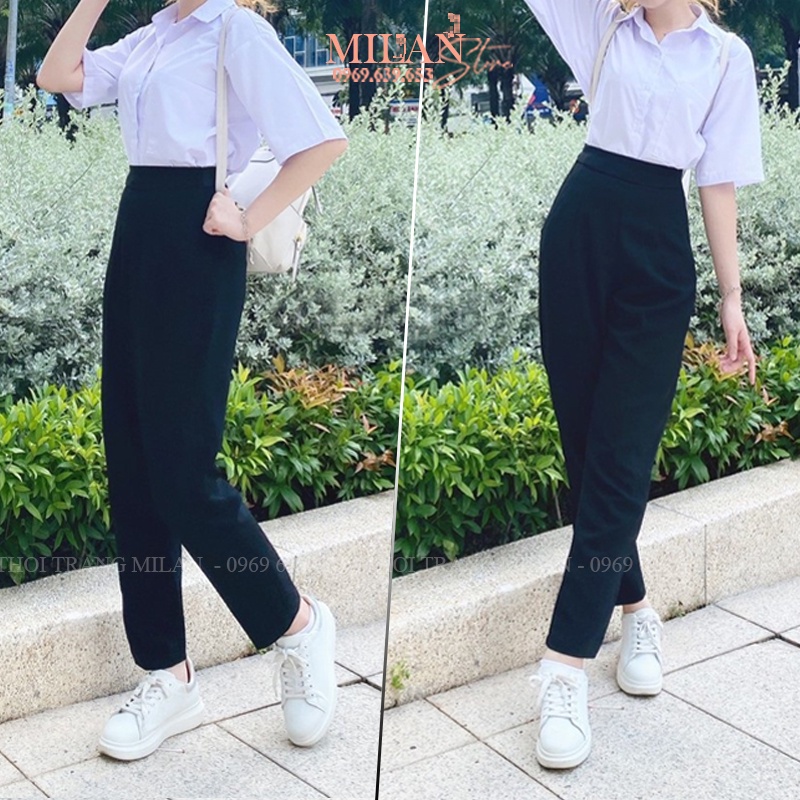 ☈❣Quần tây lưng chun đi học nữ cạp cao khóa sườn dáng dài màu đen - vải sinh đáy dày mềm phối áo sơ mi đẹp