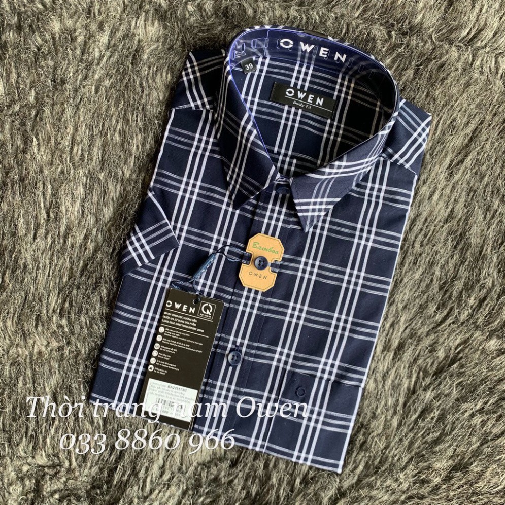 OWEN - Aó sơ mi ngắn tay nam Owen chất sợi tre màu xanh đen kẻ ca rô trắng 22657 [Cam kết chính hãng]