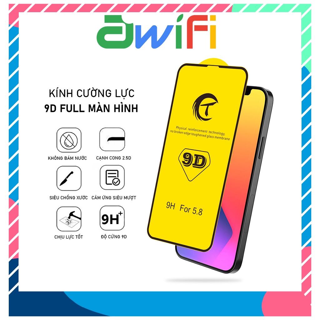 Kính cường lực iphone 9D 6/6plus/6s/6splus/7/7plus/8/8plus/x/xr/xs/11/12/pro/max/plus/promax - Ốp lưng Awifi E1-2