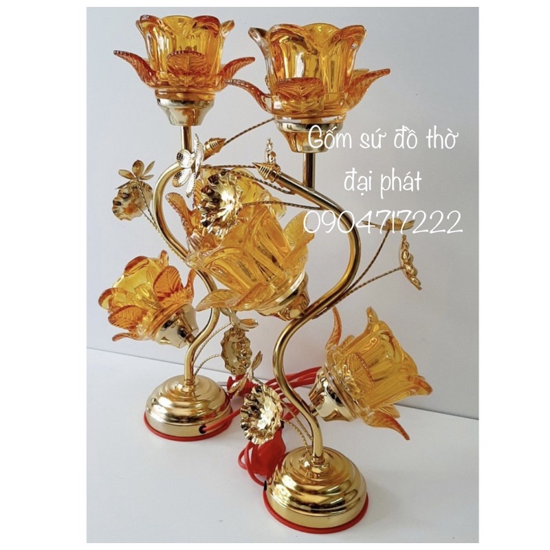 Đèn thờ hoa sen bông thủy tinh ánh sáng vàng, đèn thờ thủy tinh ba bông