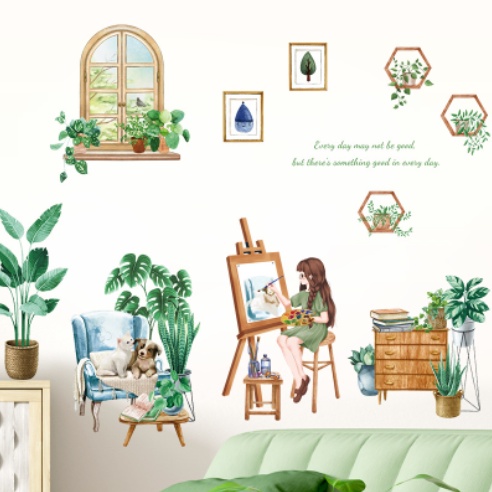 Decal trang trí tường - Cô gái vẽ tranh và 2 bạn cún trên sofa