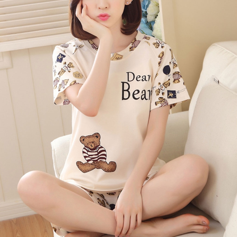 Bộ đồ Pijama tay ngắn in họa tiết hoạt hình đáng yêu cho nữ