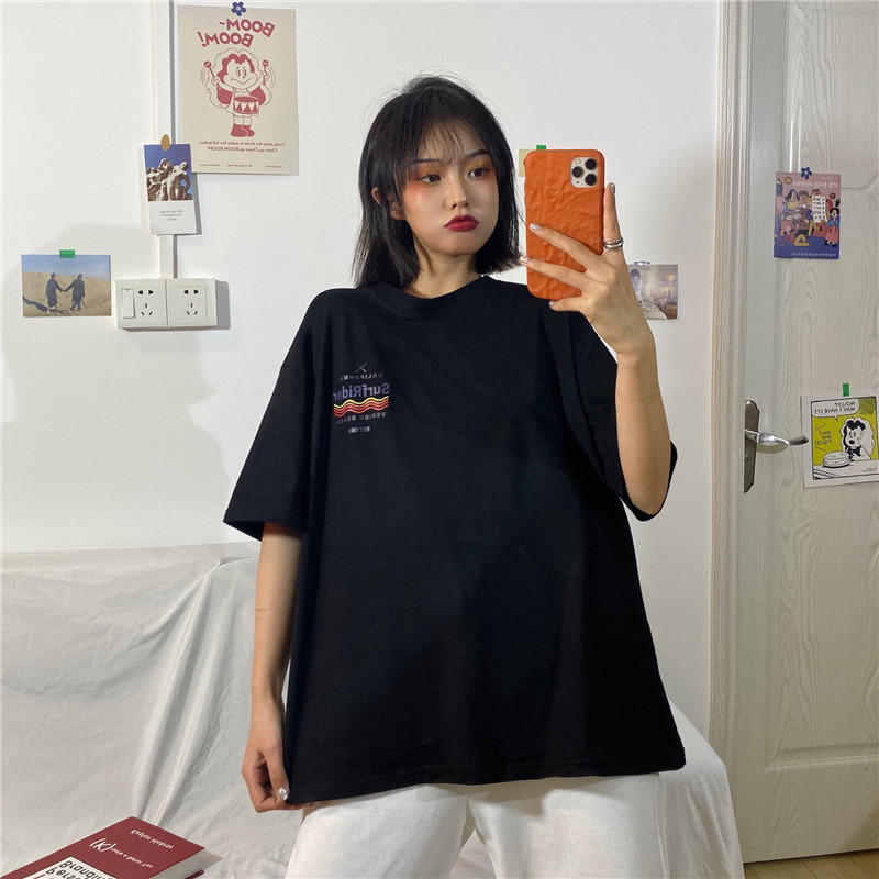 Áo thun tay ngắn dáng rộng in hình thời trang Hàn Quốc cá tính cho nữ