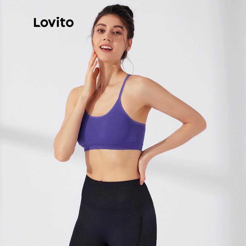 Áo ngực thể thao Lovito màu trơn dây đai chéo dạng ngắn có miếng lót tháo gỡ được L23AD005 (màu xanh lam)