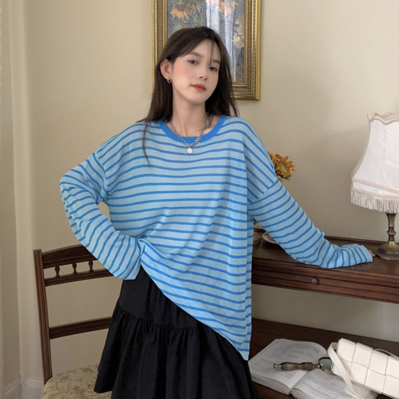 Áo thun ZHELIHANGFEI tay dài dáng rộng kẻ sọc chống nắng thời trang