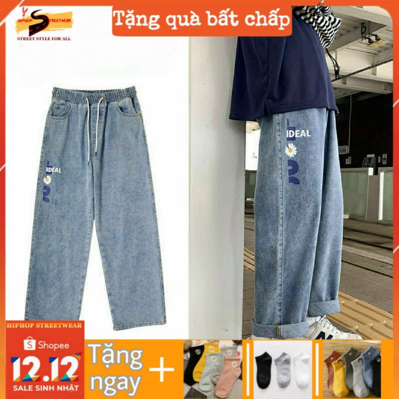 Quần Jeans Ống Rộng Hoa Cúc Nam Nữ Cạp Chun Phong Cách HIPHOP STREETWEAR Ulzzang Style dễ phối đồ