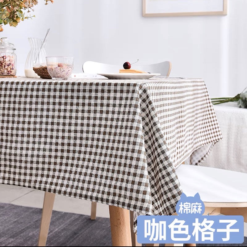 Khăn trải bàn hình chữ nhật vải lanh cotton họa tiết sọc caro phong cách Bắc âu cao cấp