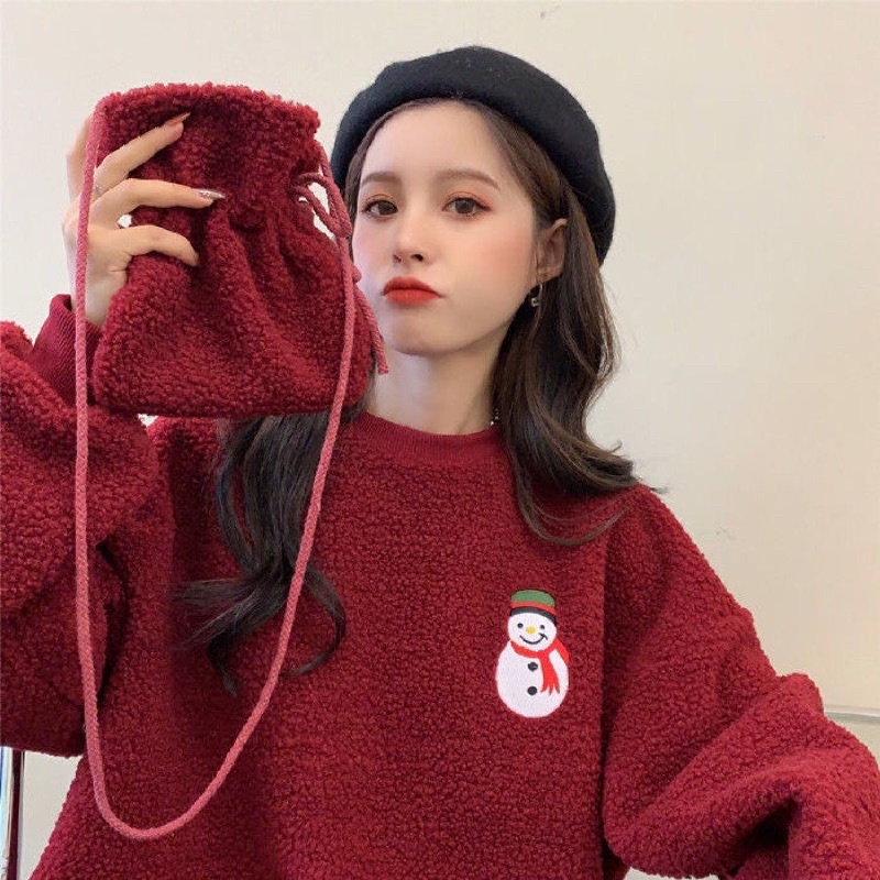 Áo Sweater Len Bông Tay Dài Form Rộng Tặng Kèm Túi Y Hình Mùa Đông Giáng Sinh Noel Cực Xinh