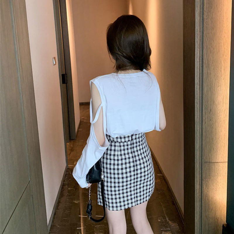 Sneaky Design College Style off-the-ShoulderTT-shirt Top High Waist Plaid Skirt Hip-Wrapped Temperament Fashion Two-Piece Set