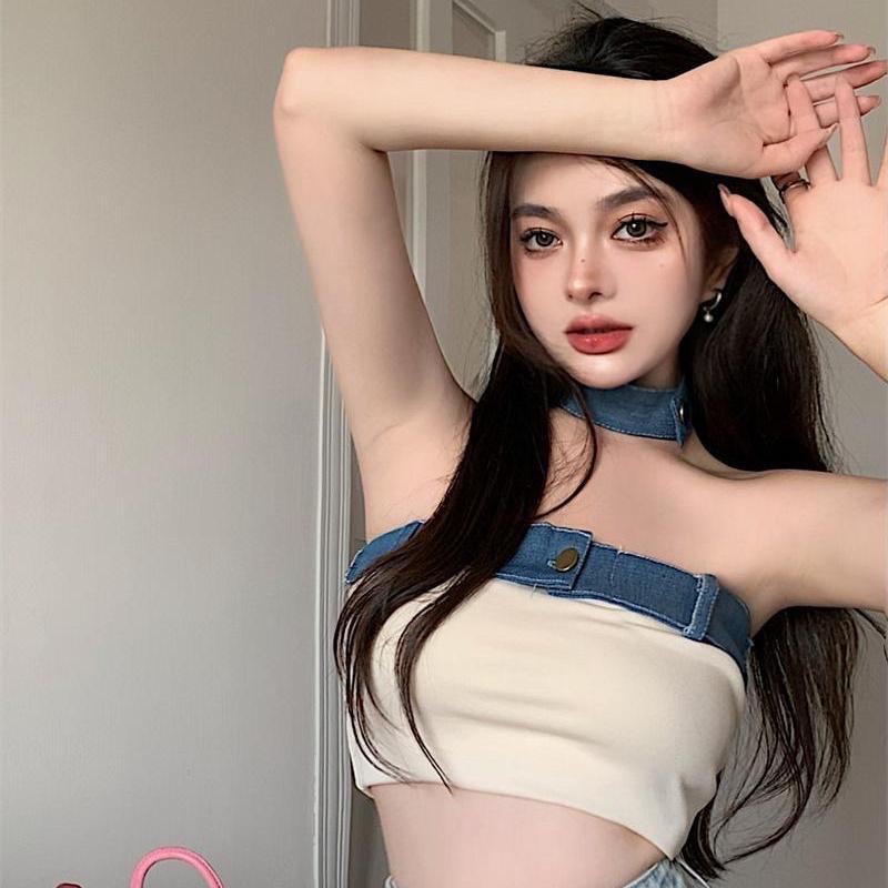 Áo cúp ngực croptop viền jean kèm choker hàng taobao