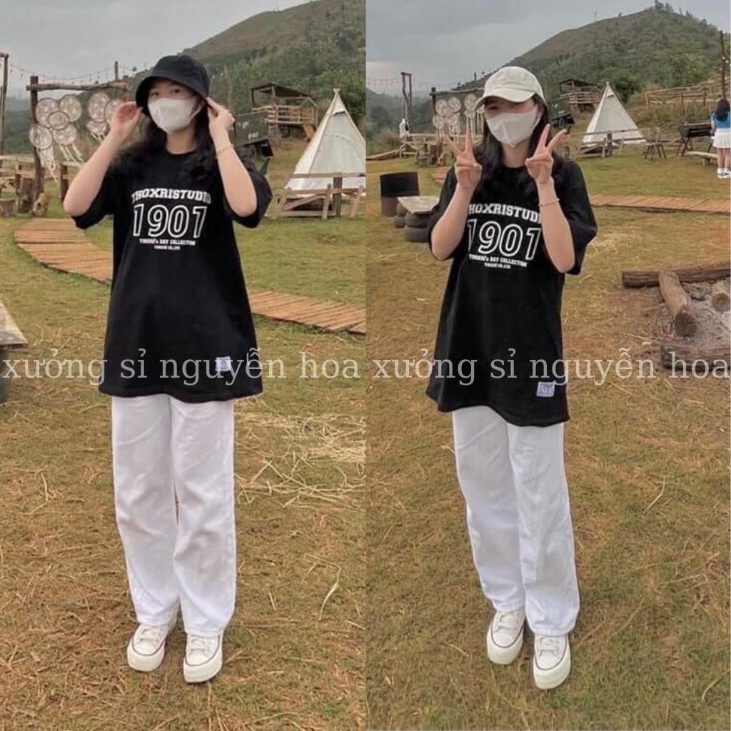 Set bộ áo thun 1907 tay lỡ form rộng mix quần ống suông trắng basic phong cách hàn quốc Xưởng Sỉ Nguyễn Hoa
