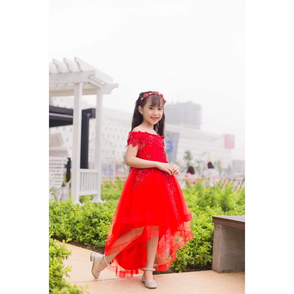 (ĐĐTV003)Đầm công chúa  đỏ trễ vai đuôi ren thêu đính hạt cao cấp cho bé gái 13kg-40kg