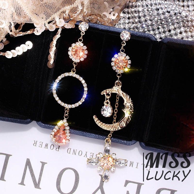 ❤HHN-VN  Asymmetric European and American-Style Fashion Moon Diamond Set Earrings Debutante Elegant