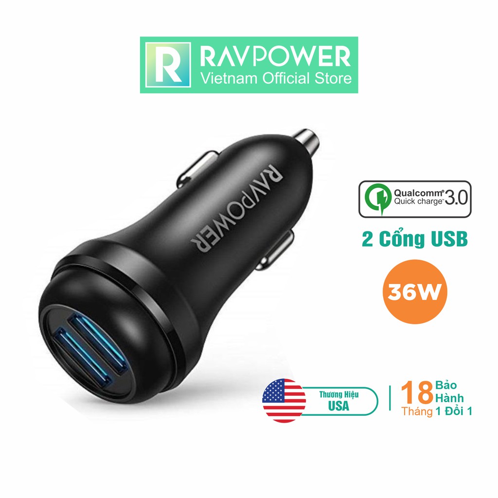 Củ Sạc Điện Thoại Trên Ô Tô Xe Hơi RAVPower 2 Cổng 36W,Quick Charge 3.0-RP-VC018