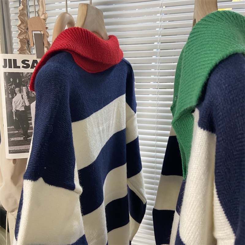 Áo Sweater Dệt Kim Cổ POLO Dáng Rộng Kẻ Sọc Màu Tương Phản Kiểu Hàn Quốc Thời Trang Thu Đông Cho Nữ